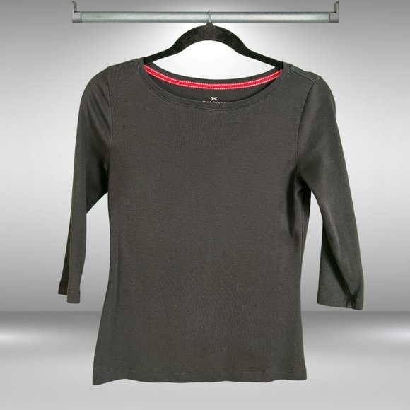 Talbots petite black boatneck 3/4 sleeve blouse fits like a small with a slit he - Picture 1 of 3